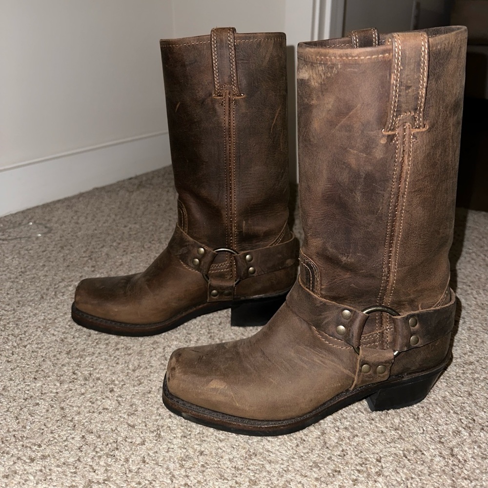 Frye Tall Leather Harness Biker Boots in Smoke